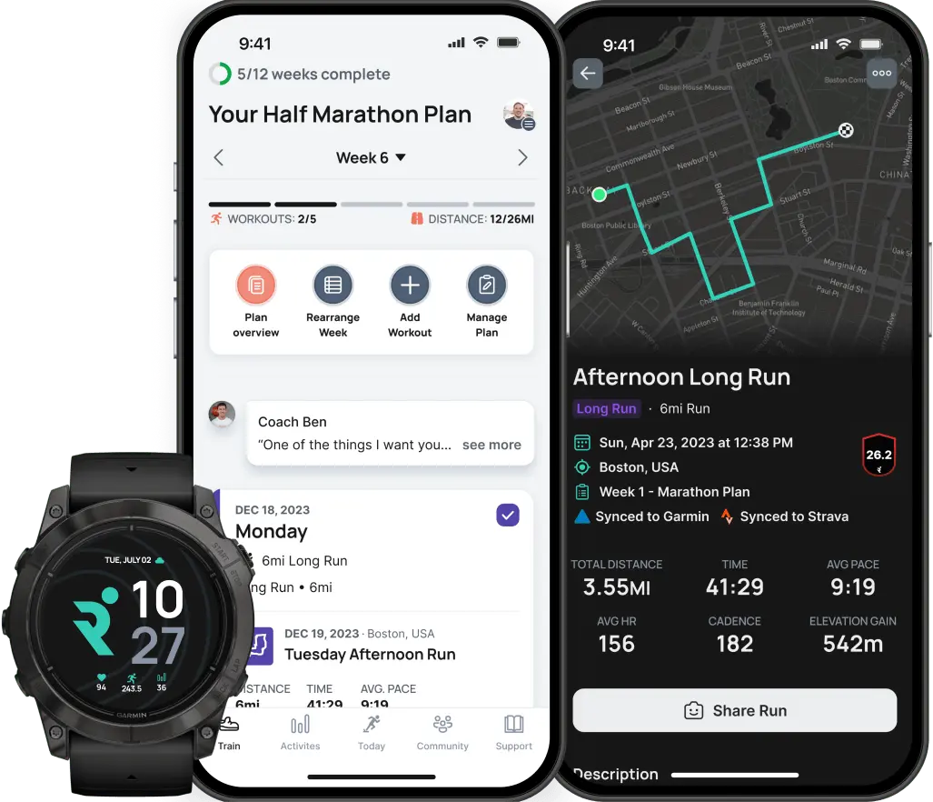 Graphic with two phones and a smartwatch featuring Runna app.