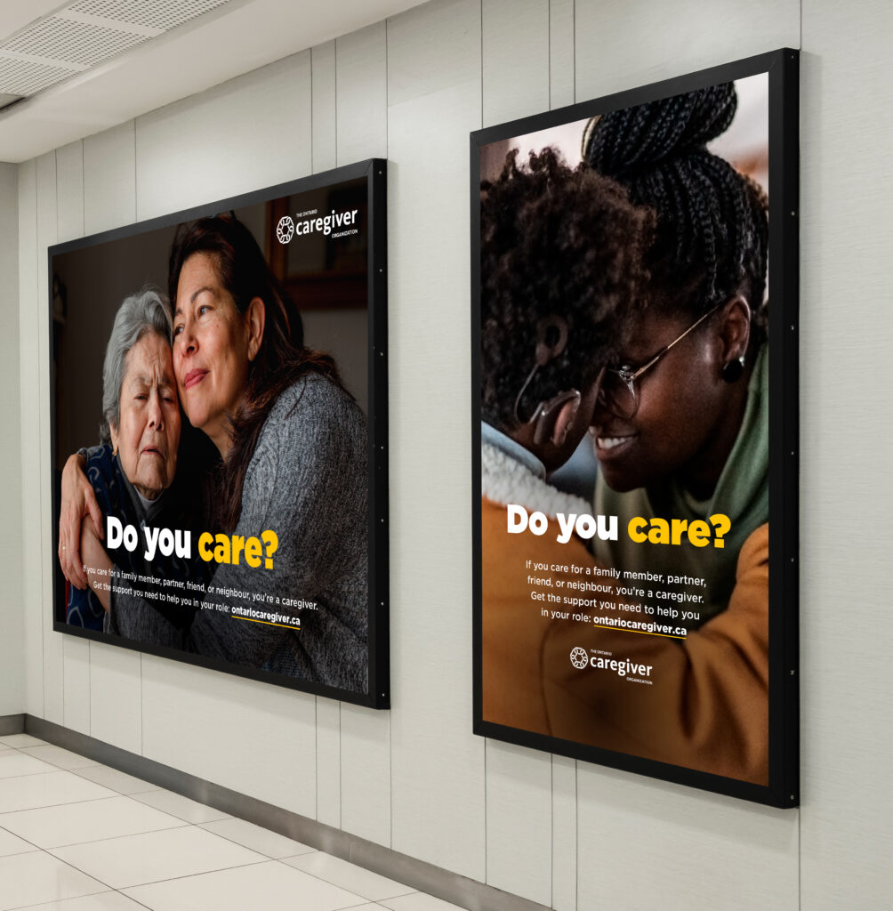 Wall-mounted public awareness posters in a transit corridor for OCO’s “Do You Care?” campaign, designed by Intent to spotlight caregivers