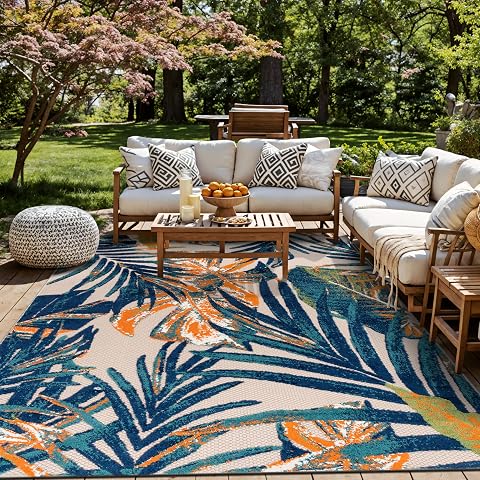 Rugshop Indoor/Outdoor Floral Tropical Durable Area Rug Multi 7'10" x 10' | Non-Shedding, High Traffic, Leaves, Rectangular, Size 7'10" x 10', Patio, Deck, Porch, Balcony, Backyard, Garden, Poolside